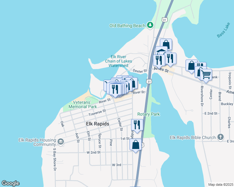 map of restaurants, bars, coffee shops, grocery stores, and more near 204 River Street in Elk Rapids
