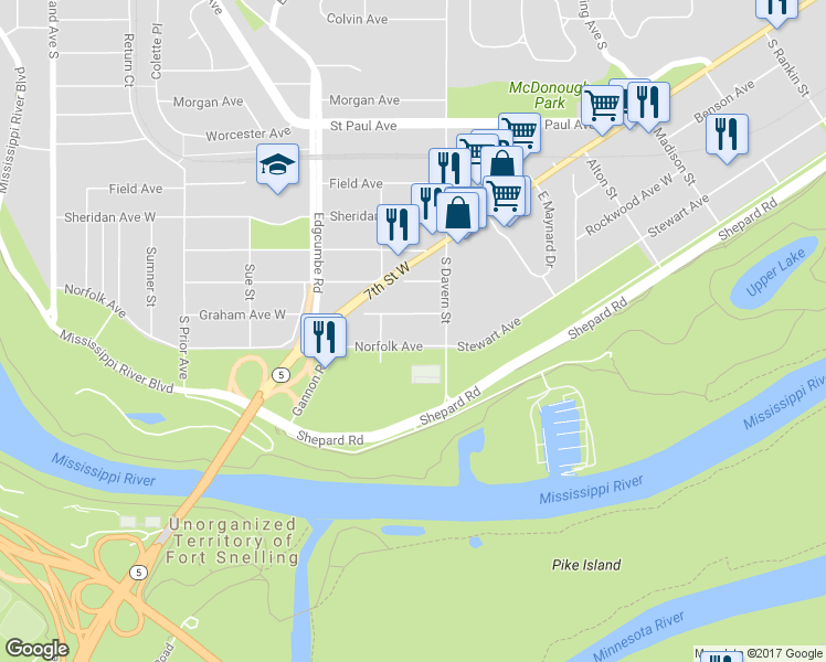 map of restaurants, bars, coffee shops, grocery stores, and more near 1740 Norfolk Avenue in Saint Paul