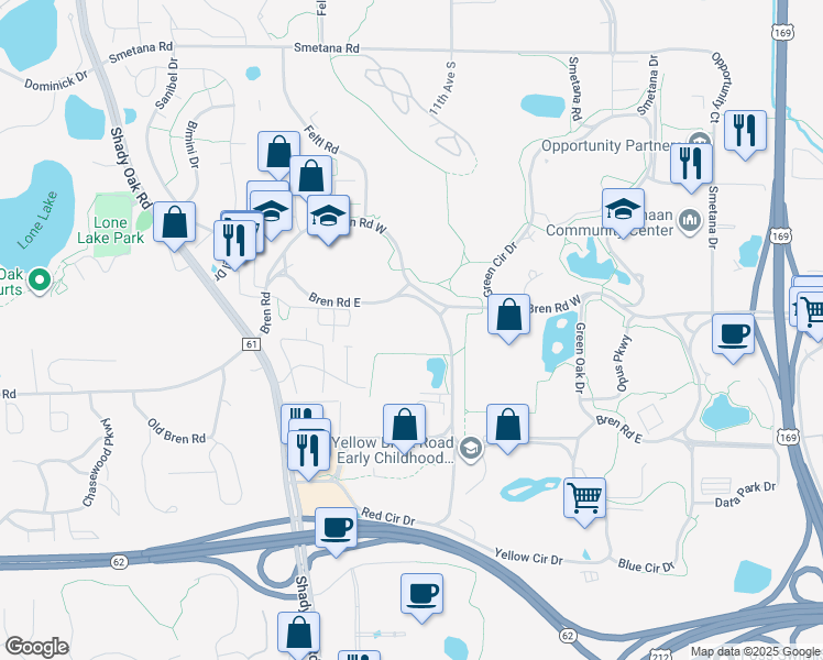 map of restaurants, bars, coffee shops, grocery stores, and more near 10901 Bren Road East in Hopkins