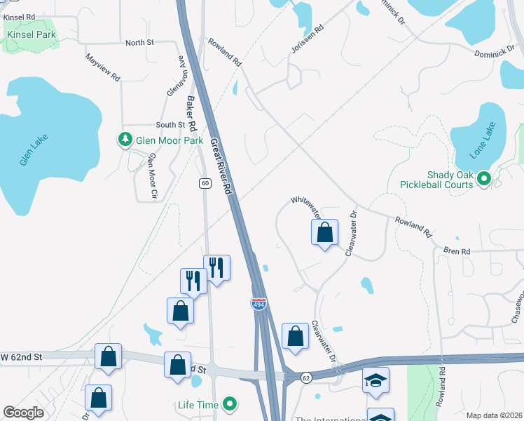 map of restaurants, bars, coffee shops, grocery stores, and more near 12700 Whitewater Drive in Hopkins