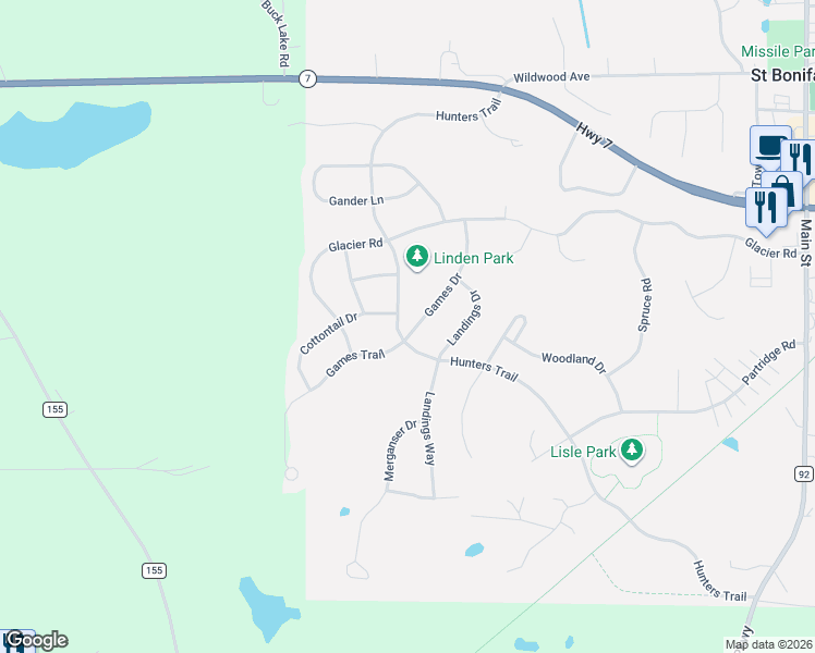 map of restaurants, bars, coffee shops, grocery stores, and more near 4391 Games Trail in Minnetrista