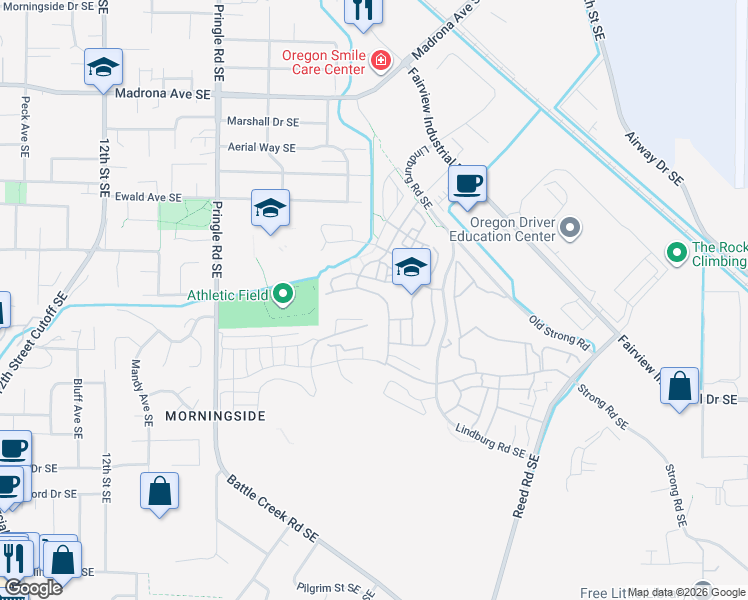 map of restaurants, bars, coffee shops, grocery stores, and more near 3981 Village Center Drive Southeast in Salem