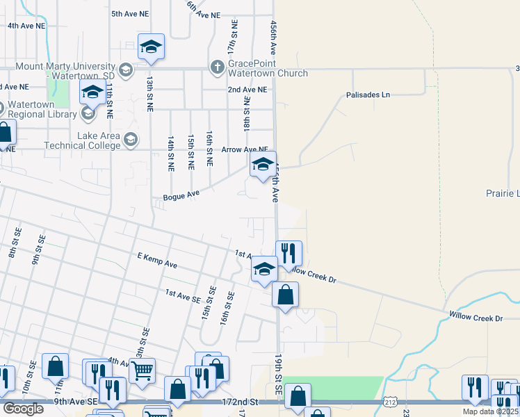 map of restaurants, bars, coffee shops, grocery stores, and more near 1825 Westminster Avenue North in Watertown