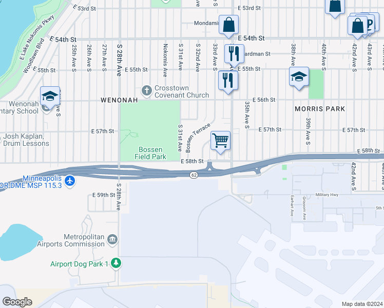 map of restaurants, bars, coffee shops, grocery stores, and more near 5753 Bossen Terrace in Minneapolis