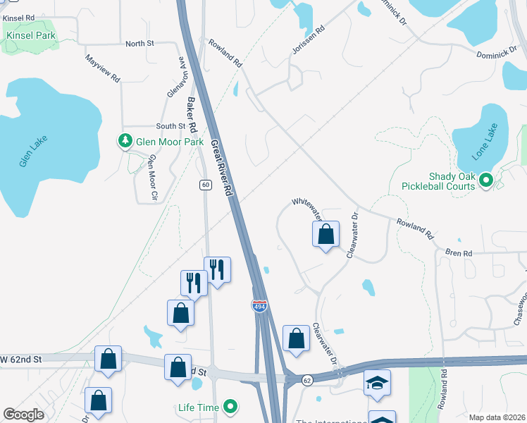 map of restaurants, bars, coffee shops, grocery stores, and more near 12700 Whitewater Drive in Minnetonka
