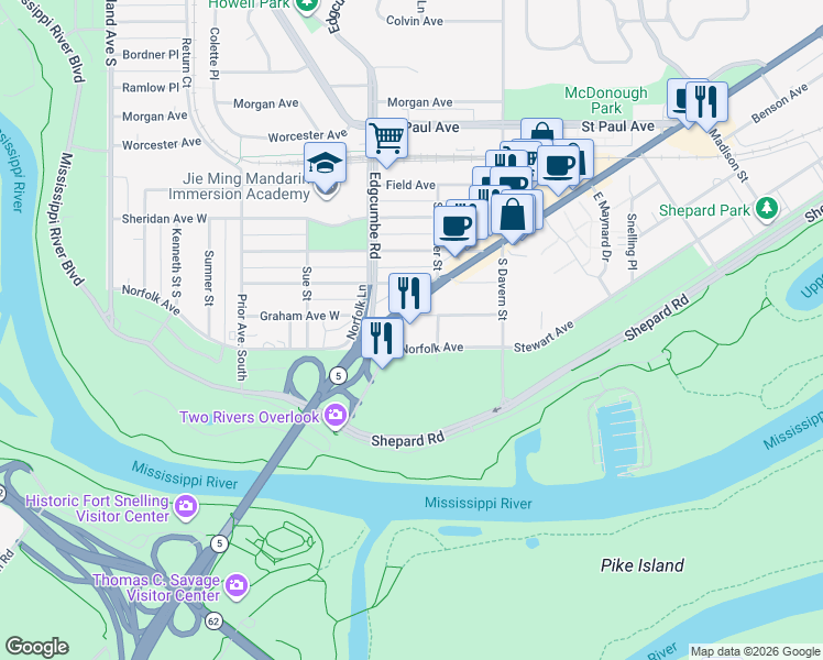 map of restaurants, bars, coffee shops, grocery stores, and more near 1800 West Graham Avenue in Saint Paul
