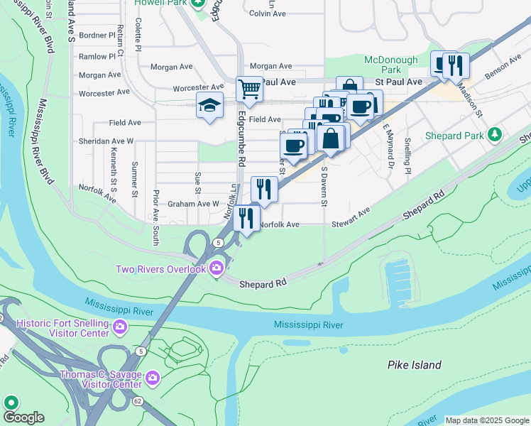 map of restaurants, bars, coffee shops, grocery stores, and more near 1774 Norfolk Avenue in Saint Paul