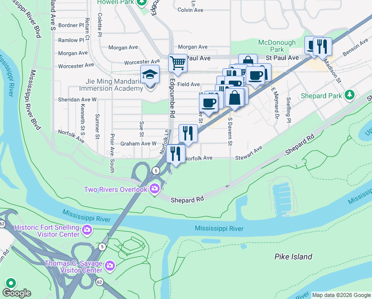 map of restaurants, bars, coffee shops, grocery stores, and more near 1800 Graham Ave in St Paul