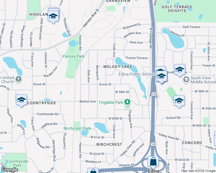 map of restaurants, bars, coffee shops, grocery stores, and more near 5807 Bernard Place in Minneapolis