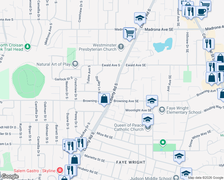 map of restaurants, bars, coffee shops, grocery stores, and more near 3980 Liberty Road South in Salem