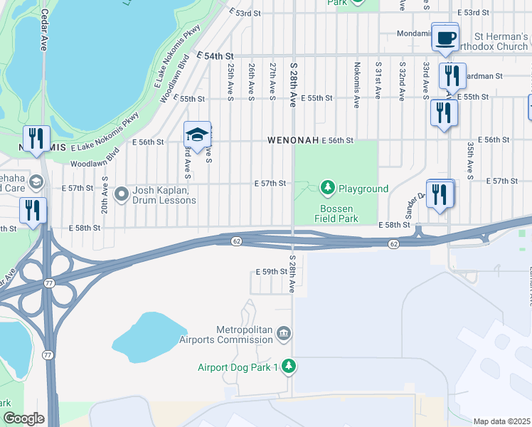 map of restaurants, bars, coffee shops, grocery stores, and more near 5800 27th Avenue South in Minneapolis