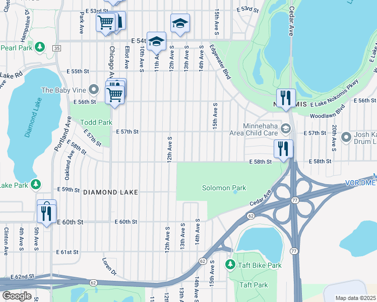 map of restaurants, bars, coffee shops, grocery stores, and more near 5745 13th Avenue South in Minneapolis