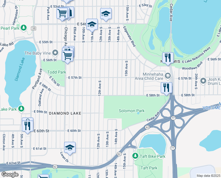map of restaurants, bars, coffee shops, grocery stores, and more near 5745 13th Avenue South in Minneapolis