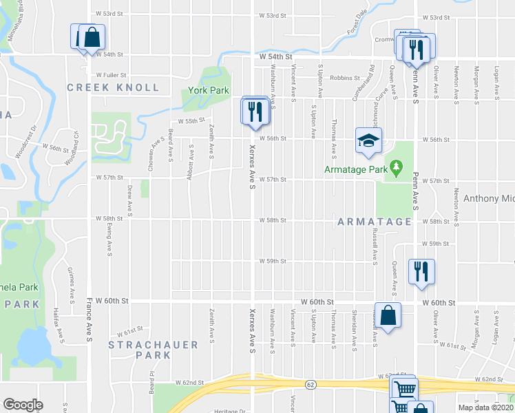 map of restaurants, bars, coffee shops, grocery stores, and more near 5756 Washburn Avenue South in Minneapolis