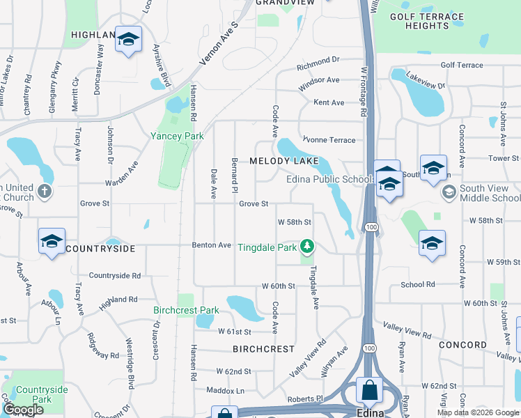 map of restaurants, bars, coffee shops, grocery stores, and more near 5807 Bernard Place in Minneapolis