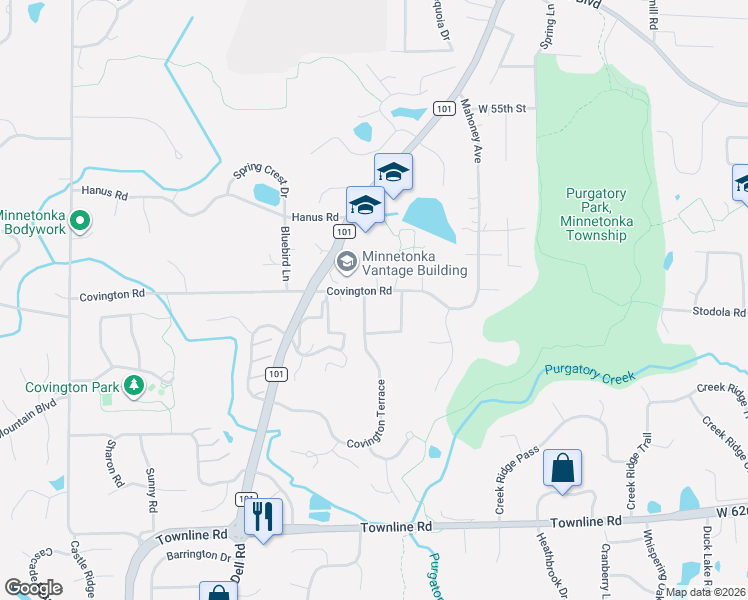 map of restaurants, bars, coffee shops, grocery stores, and more near 5831 Covington Terrace in Minnetonka