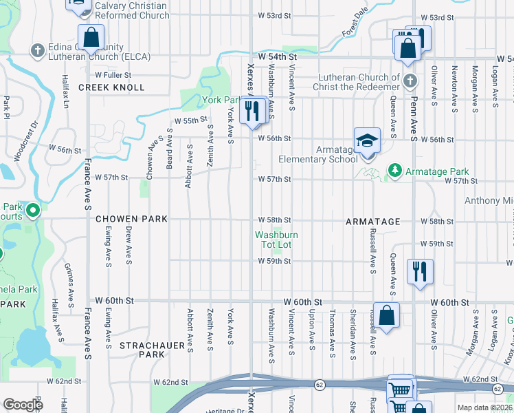 map of restaurants, bars, coffee shops, grocery stores, and more near 5756 Washburn Avenue South in Minneapolis