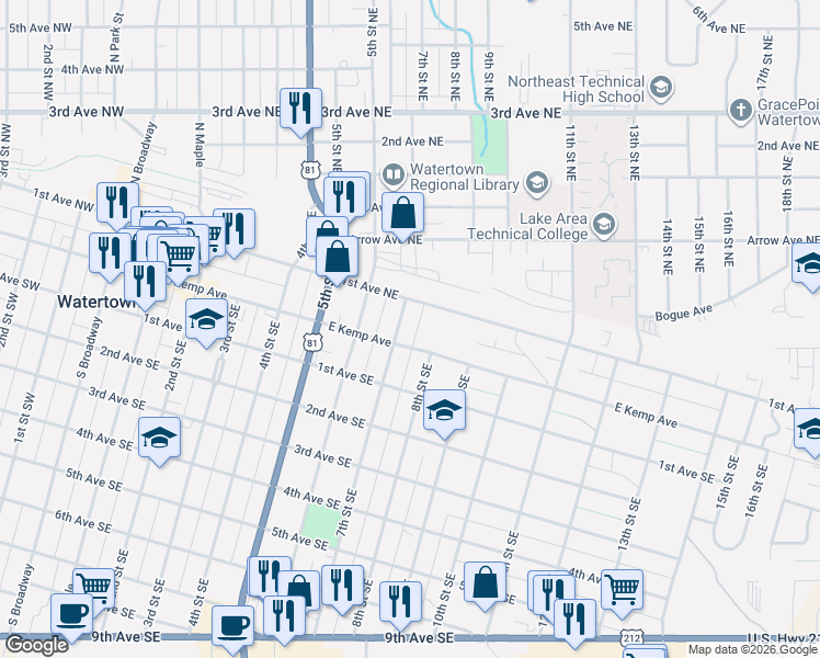 map of restaurants, bars, coffee shops, grocery stores, and more near 700-798 East Kemp Avenue in Watertown