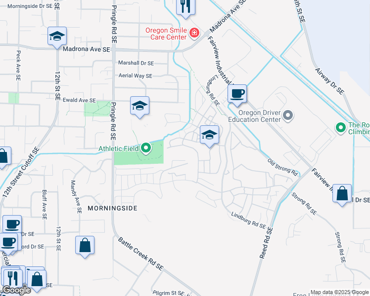 map of restaurants, bars, coffee shops, grocery stores, and more near 3961 Village Center Drive Southeast in Salem