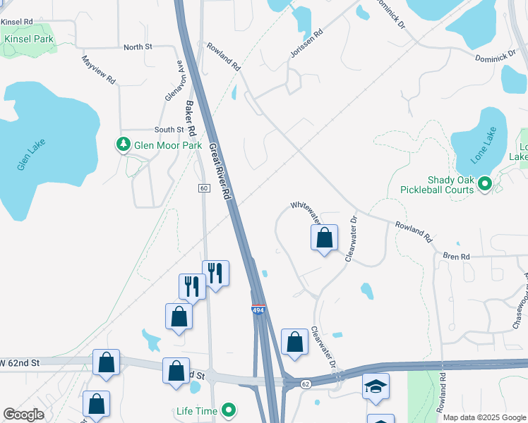 map of restaurants, bars, coffee shops, grocery stores, and more near 12700 Whitewater Drive in Minnetonka