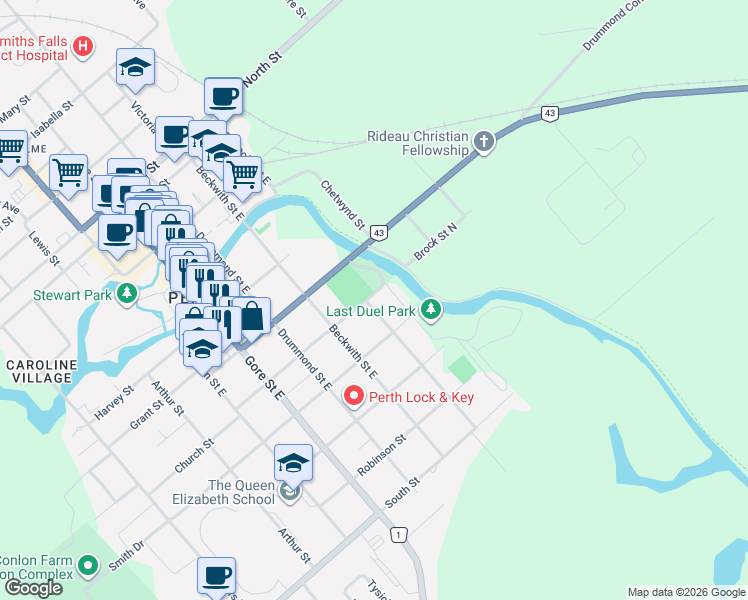 map of restaurants, bars, coffee shops, grocery stores, and more near 80 Sherbrooke Street East in Perth