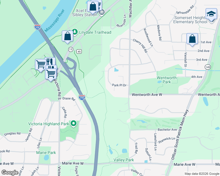 map of restaurants, bars, coffee shops, grocery stores, and more near 1579 Boardwalk Court in Mendota Heights
