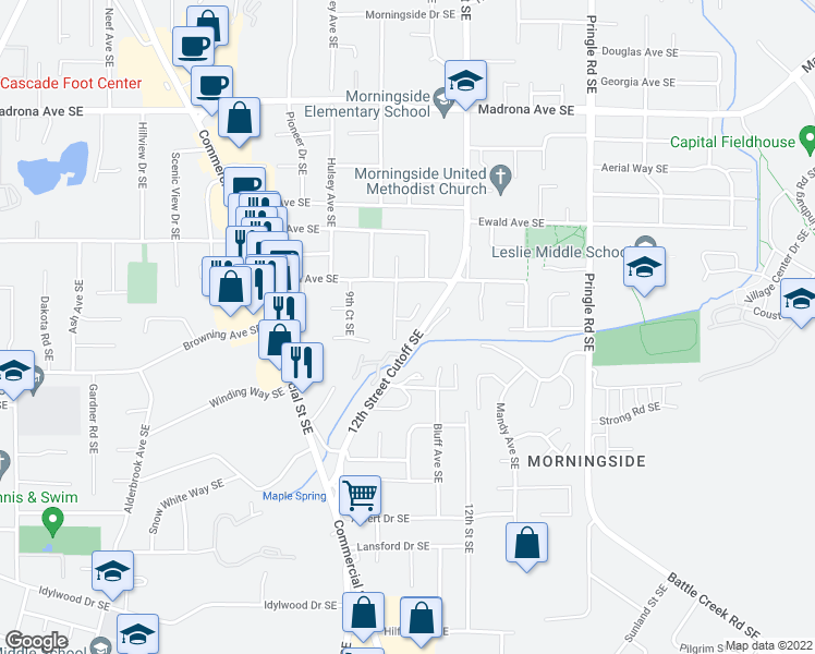 map of restaurants, bars, coffee shops, grocery stores, and more near 3988 Shaniko Court Southeast in Salem
