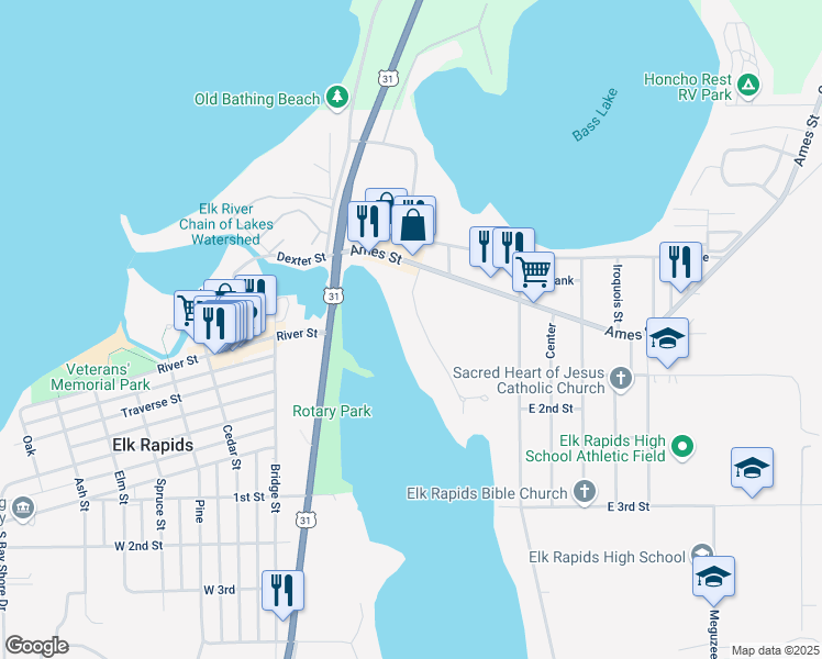 map of restaurants, bars, coffee shops, grocery stores, and more near 120 Mitchell Drive in Elk Rapids