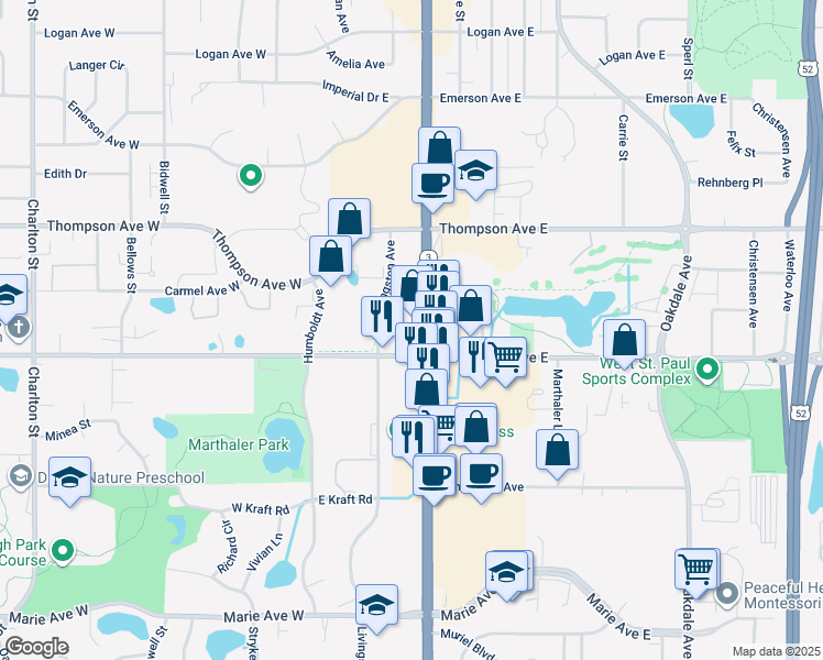map of restaurants, bars, coffee shops, grocery stores, and more near 1571 Robert Street in West Saint Paul