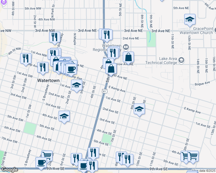 map of restaurants, bars, coffee shops, grocery stores, and more near 518 East Kemp Avenue in Watertown