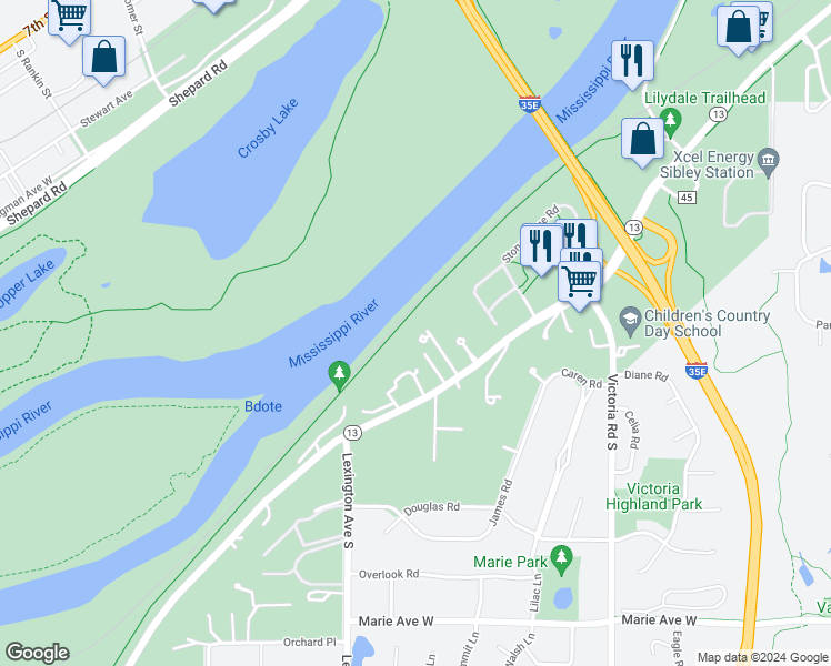 map of restaurants, bars, coffee shops, grocery stores, and more near 1021 Sibley Memorial Highway in Saint Paul