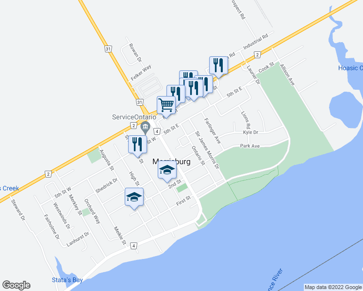 map of restaurants, bars, coffee shops, grocery stores, and more near Victoria Park in Morrisburg