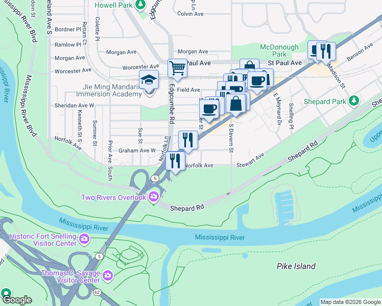 map of restaurants, bars, coffee shops, grocery stores, and more near 2623 7th Street West in Saint Paul