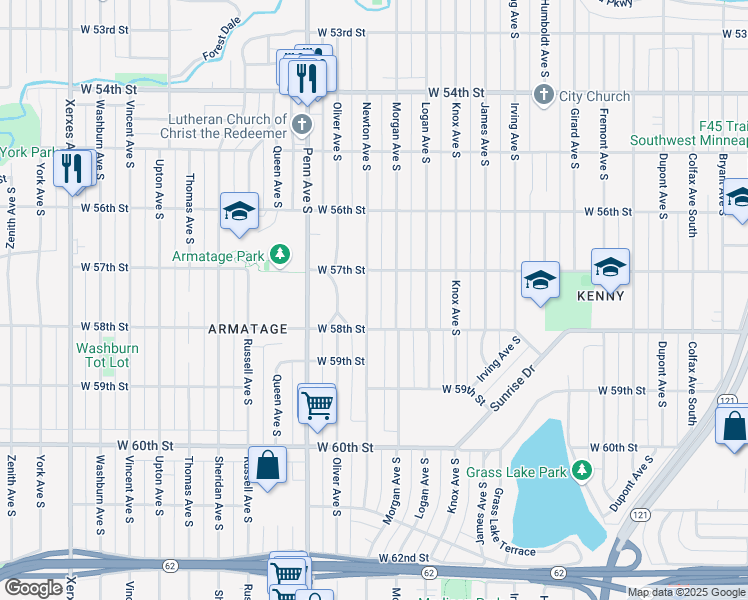 map of restaurants, bars, coffee shops, grocery stores, and more near 5705 Newton Avenue South in Minneapolis