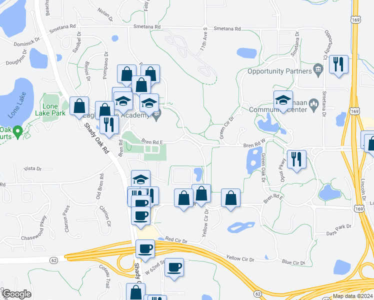 map of restaurants, bars, coffee shops, grocery stores, and more near 10500 Bren Road West in Minnetonka