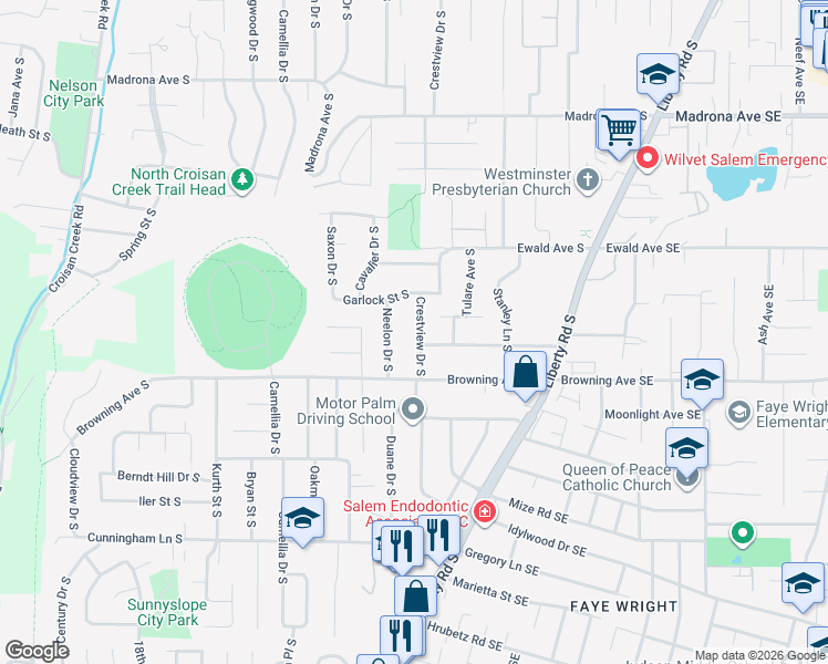 map of restaurants, bars, coffee shops, grocery stores, and more near 3945 Crestview Drive South in Salem