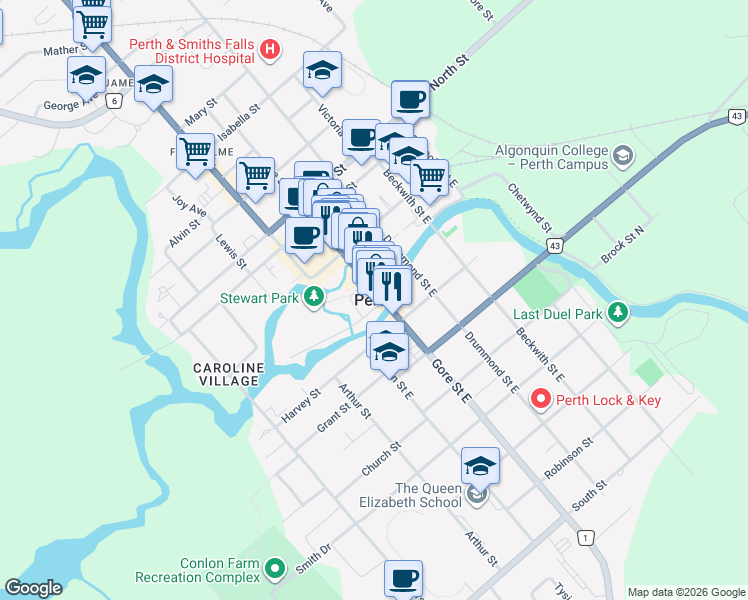 map of restaurants, bars, coffee shops, grocery stores, and more near in Perth