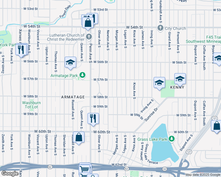 map of restaurants, bars, coffee shops, grocery stores, and more near 5705 Newton Avenue South in Minneapolis