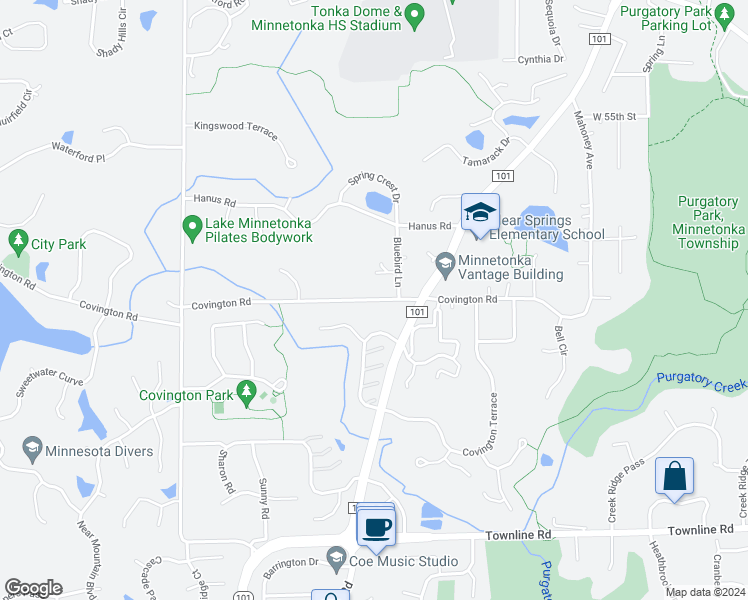 map of restaurants, bars, coffee shops, grocery stores, and more near 18512 Covington Road in Minnetonka