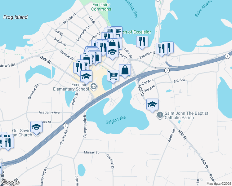 map of restaurants, bars, coffee shops, grocery stores, and more near 400 Minnesota 7 in Excelsior