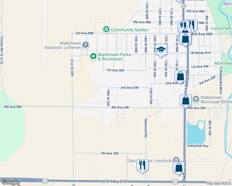 map of restaurants, bars, coffee shops, grocery stores, and more near 1731 1/2 3rd Avenue Southwest in Watertown