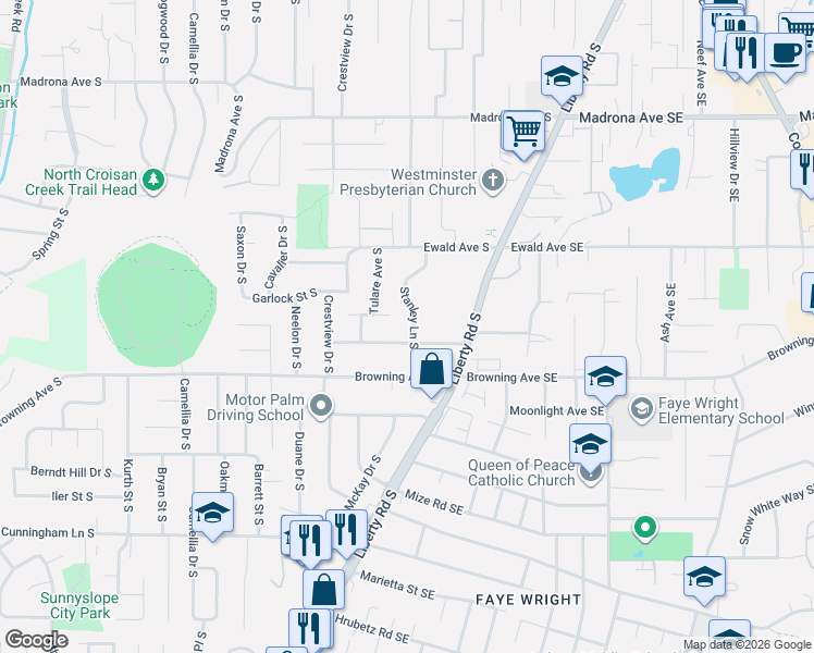 map of restaurants, bars, coffee shops, grocery stores, and more near 3947 Stanley Lane South in Salem