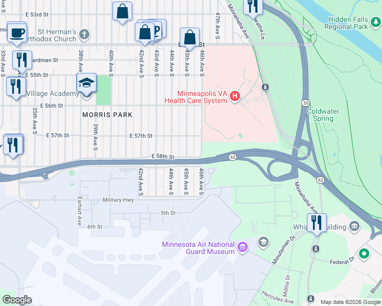 map of restaurants, bars, coffee shops, grocery stores, and more near 5713 45th Avenue South in Minneapolis