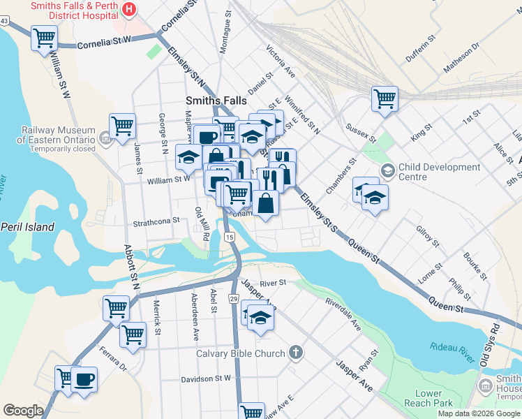 map of restaurants, bars, coffee shops, grocery stores, and more near 30 Chambers Street in Smiths Falls