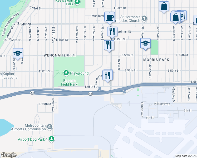 map of restaurants, bars, coffee shops, grocery stores, and more near 5709 Bossen Terrace in Minneapolis