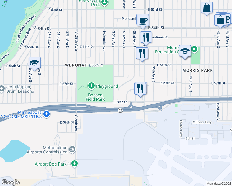 map of restaurants, bars, coffee shops, grocery stores, and more near 5733 Bossen Terrace in Minneapolis