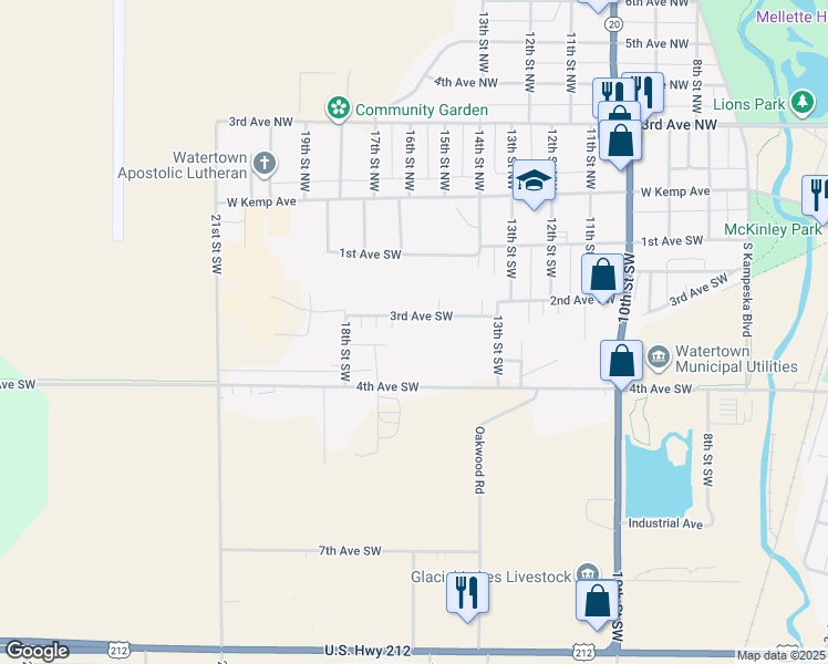map of restaurants, bars, coffee shops, grocery stores, and more near 1521 3rd Avenue Southwest in Watertown