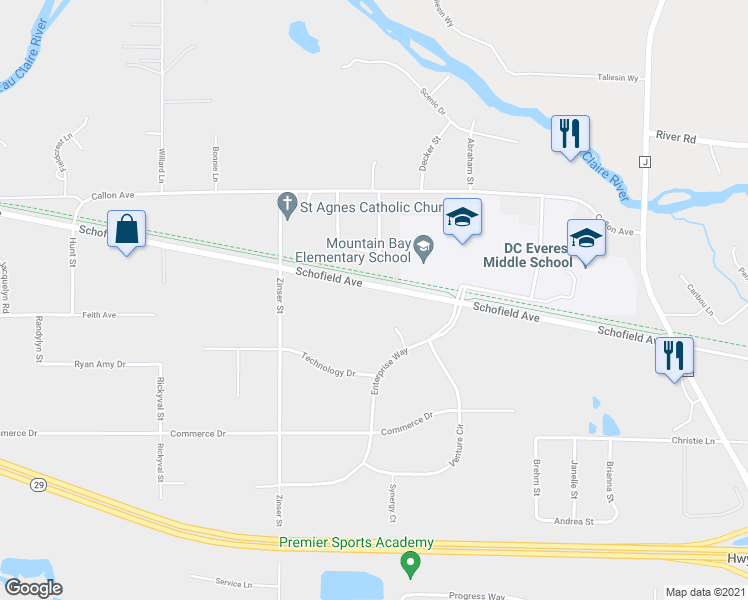 map of restaurants, bars, coffee shops, grocery stores, and more near 8401 Schofield Avenue in Weston