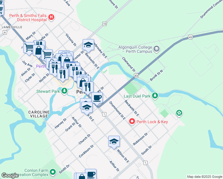 map of restaurants, bars, coffee shops, grocery stores, and more near 12 Harvey Street in Perth