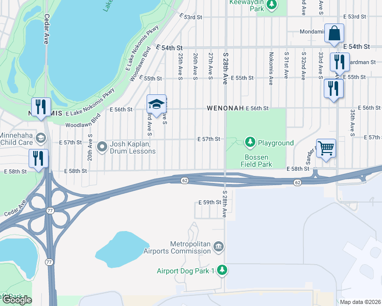 map of restaurants, bars, coffee shops, grocery stores, and more near 5708 26th Avenue South in Minneapolis